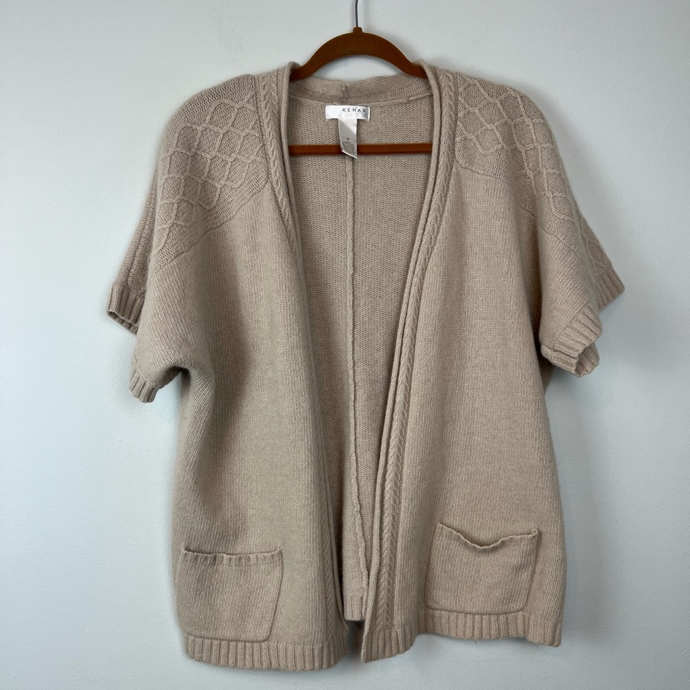 Kenar Lamb’s Wool Angora Blend M Open Front Short Sleeve Beige Cardigan Vintage